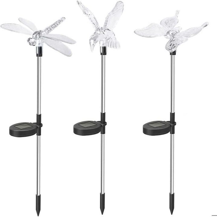 Set 3 Lampi Solare LED tip pasare-fluture-libelula, Multicolor, Inaltime 43 cm, Flippy