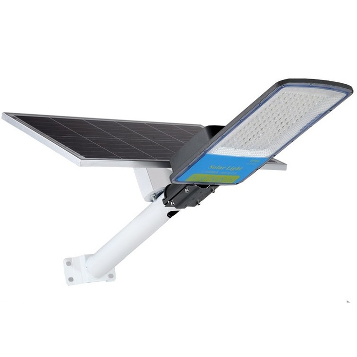 Lampa solara stradala, IP66, senzor de lumina, 120 LED-uri SMD, 1800 lm, panou 20W, putere 100W, autonomie 12-16 ore, telecomanda, montare prin fixare, pentru strada sau gradina, finisaj mat, material ABS, 49 x 21 x 5.5 cm, gri