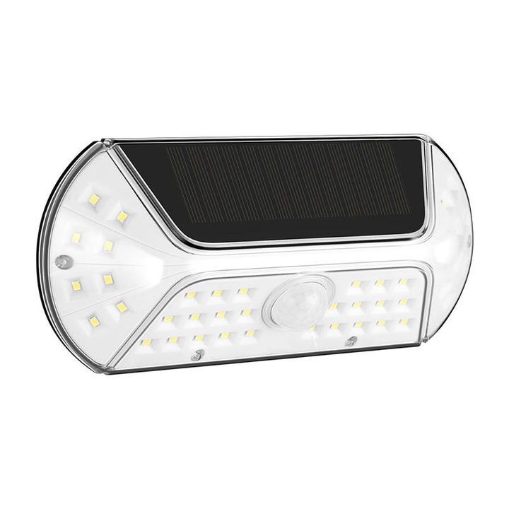 Aplica solara LED SMD pentru perete By Fitilomania, cu senzor de miscare, dreptunghiulara, IP44, luminozitate mare 40 LED-uri, 3.7V, 1200mah, autonomie 8 ore, 19.2 x 8.9 cm, alb rece