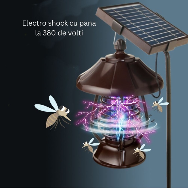 Napelemes lámpa a kertbe, rovar, szúnyog, legyek elleni védelem, UV, LED, ABS anyag, teljesítmény 5W, 1,2 V, autonómia 8 óra, 2 üzemmód, IP65, áramütés 380 volt, 30 x 19,5 cm, barna