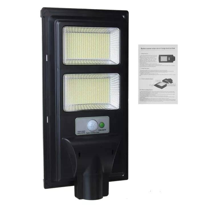 Lampa solara stradala toolsy, cu suport de prindere si telecomanda, senzor de miscare si lumina, 96 LED-uri, IP65, ABS, 5AH, 100W, temperatura culoare 6500K, 37.8x18.8x5 cm, autonomie 10-12 ore, negru