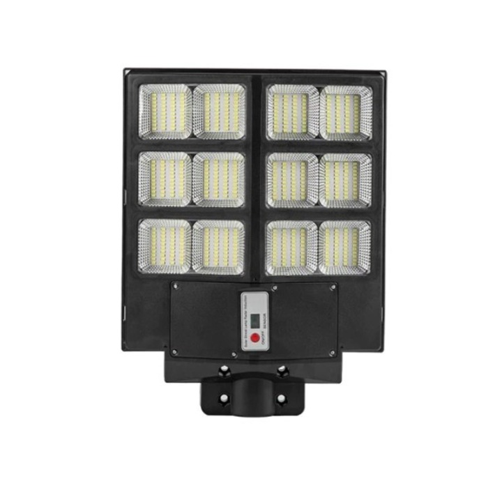 Lampa solara stradala toolsy, cu telecomanda, senzor de miscare si lumina, suport prindere, 480 LED-uri, IP65, ABS, 15AH, 300W, temperatura culoare 6500K, 44.6x34.8x7.2 cm, autonomie 10-12 ore, negru