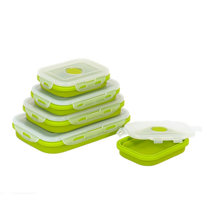 Jormftte összecsukható ételtartó doboz, 3 méret, élelmiszer-minőségű szilikon anyag, zöld, 350ml/550ml/850ml