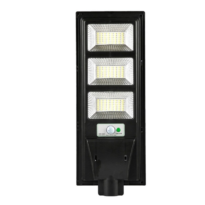 Lampa solara stradala toolsy, cu telecomanda, senzor de miscare si lumina, suport prindere, 144 LED-uri, IP65, ABS, 8AH, 150W, temperatura culoare 6500K, 49.5x18.8x5 cm, F6006-150w, autonomie 10-12 ore, negru