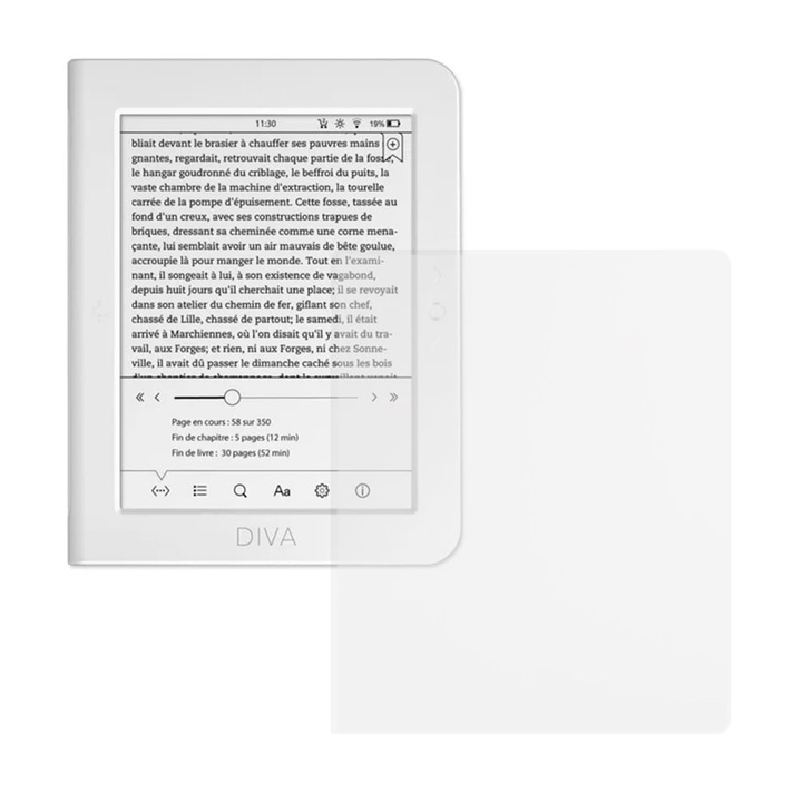 Folie de Silicon pentru BOOKEEN Diva, E-reader Protect, Regenerabila, Claritate 99%, High Definition, Previne amprentele si praful, Anti-Soc, Transparent