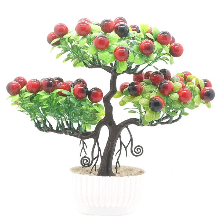 Pom de fructe artificial in ghiveci, longziming, decor pentru acasa sau birou, culori elegante, dimensiuni variate.