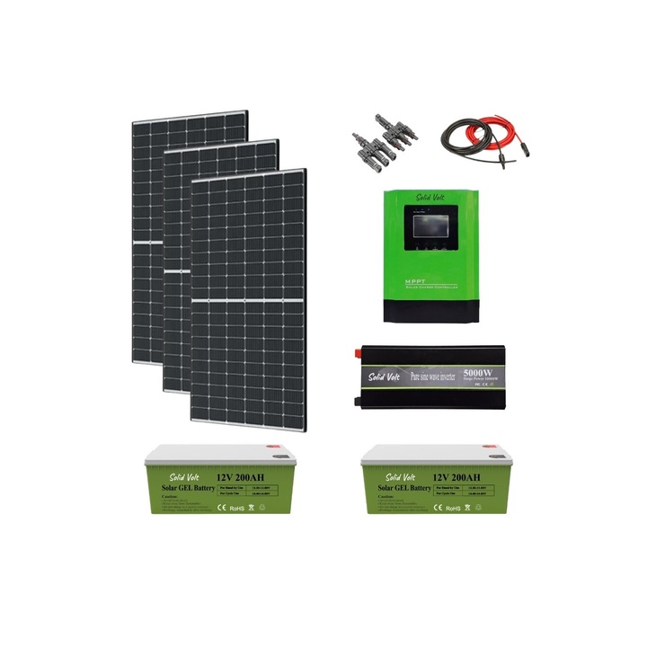 Kit fotovoltaic solar off-grid 1.2KW cu 3 panouri 405W, invertor sinus pur 5000W/10000W, controller MMPT 60A, baterii solare cu gel 200 Ah, cabana, rulota, locuri izolate, container, Solid Volt