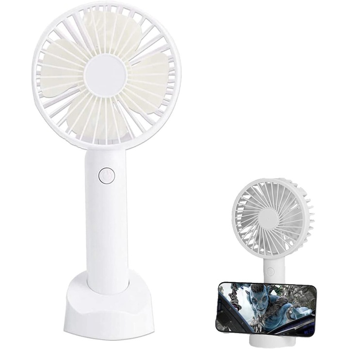 USB вентилатор, мини, бял, 210x106x112 мм, с държач за телефон, акумулаторна батерия