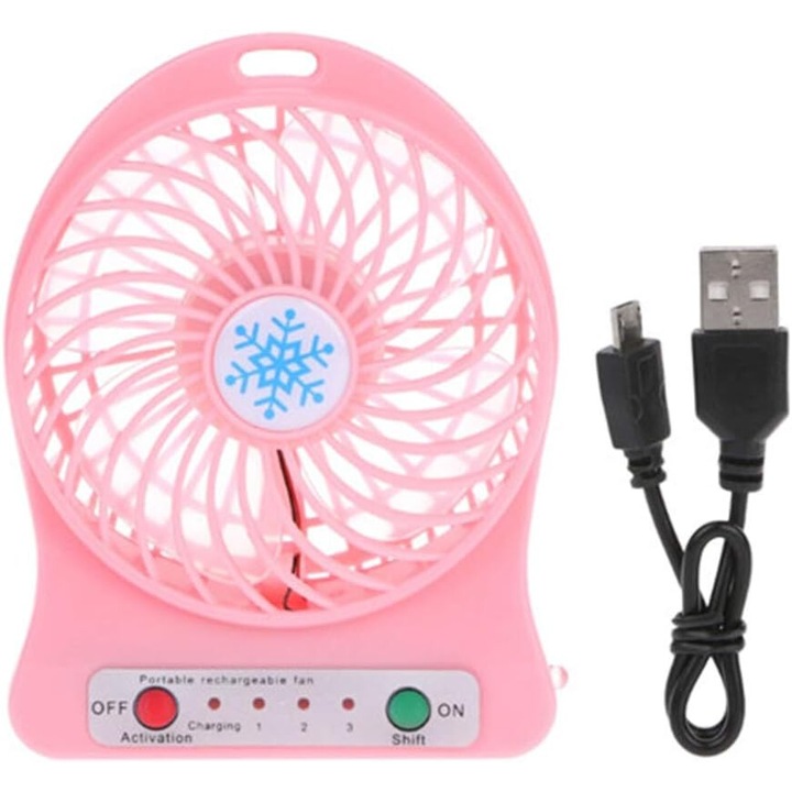 Преносим мини вентилатор, 4 перки, 5W, 14x10.6x4.2 см, захранван от USB, без батерия, розов