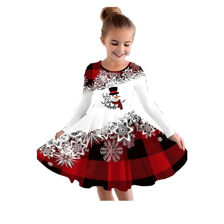 Rochie pentru fete cu model de om de zapada exotic cu maneca lunga - Design moale, confortabil, vibrant - Excelent pentru cadouri de primavara, toamna si Craciun (potrivit pentru inaltimea de, Rosu