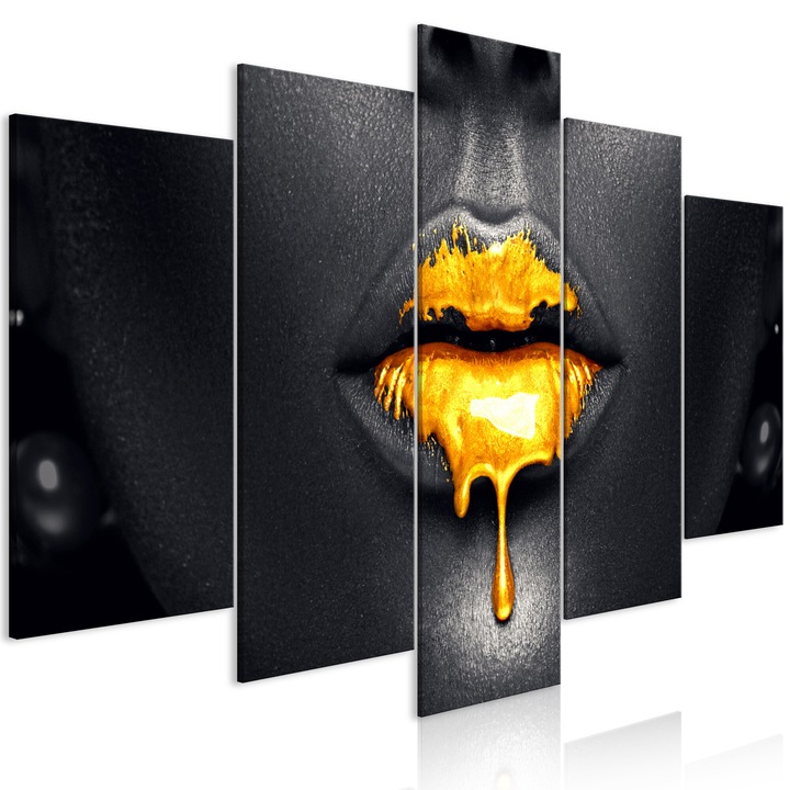 Tablou canvas Artgeist, Premium print - Gold Lips, 5 piese, Wide - 100 x 50 cm