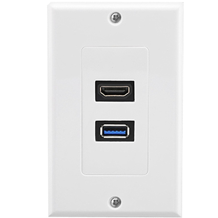 Placa de perete HDMI si USB 3.0, model 0805BM-BST3132776, 1 port HDMI, 1 port USB-A 3.0, montaj incastrat, ABS, alb, 114 x 70 mm