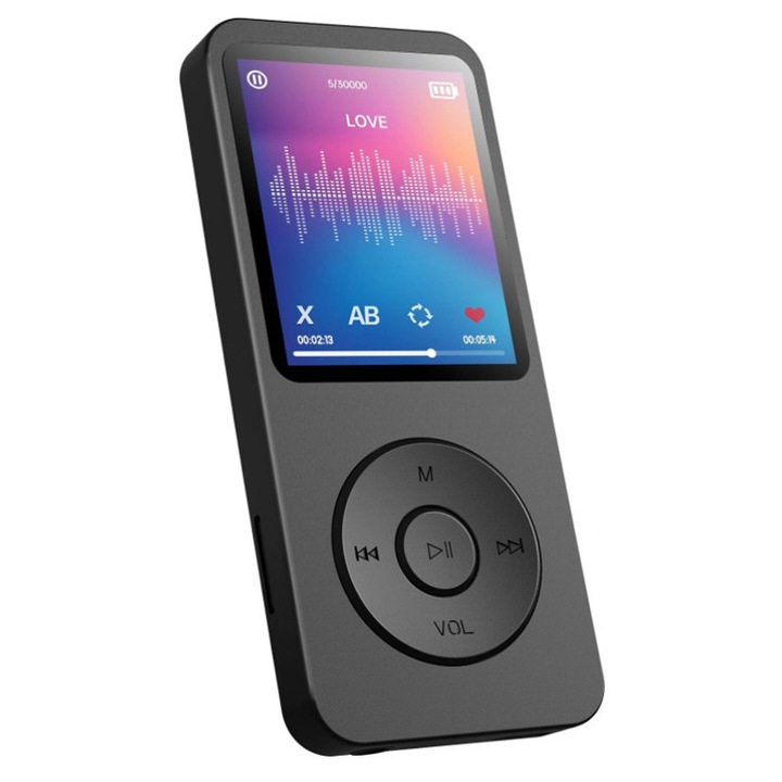 Player MP3/ MP4 Multifunctional si portabil, Rqiurpn, Ecran 1.8-inch, 16GB Card SD inclus, Suporta Pana La 128GB, Bluetooth, Pentru sport, fitness, alergare, calatorii, Plastic, Negru