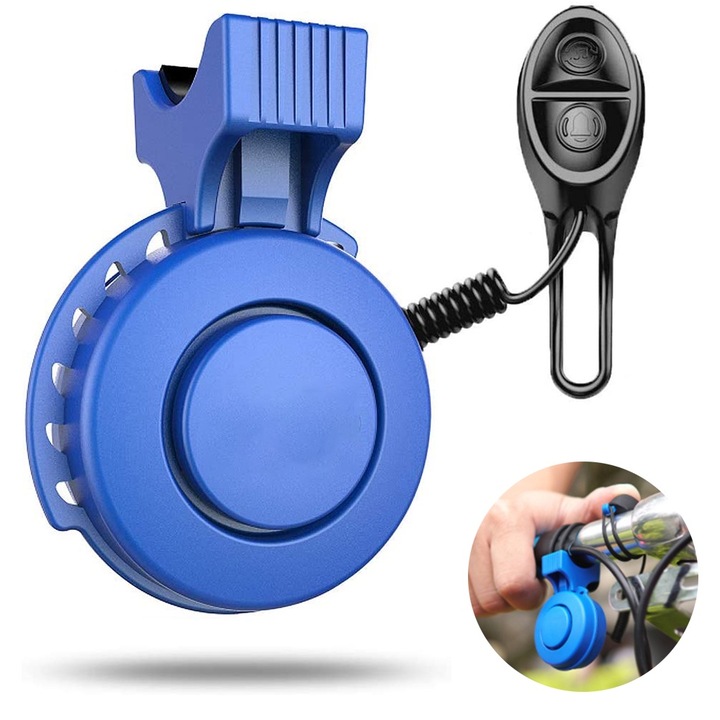 Sonerie bicicleta QttvbTna, electrica, 120 DB, 4 moduri sunet, rezistenta la apa IP65, albastru, 6.6x4.9cm