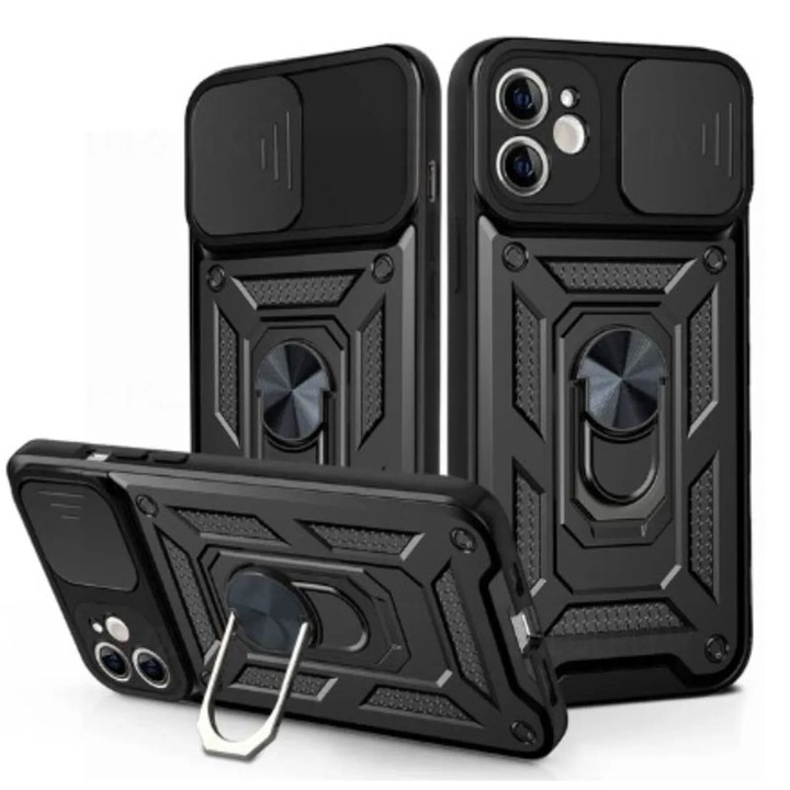 Черен брониран калъф с RingStand и защита на плъзгача на камерата за Motorola Edge 50 Ultra / X50 Ultra - TPU и PC материал
