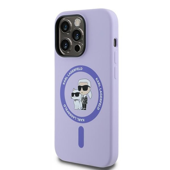 Калъф за iPhone 14 Pro Karl Lagerfeld силикон Karl & Choupette heads ring лилав