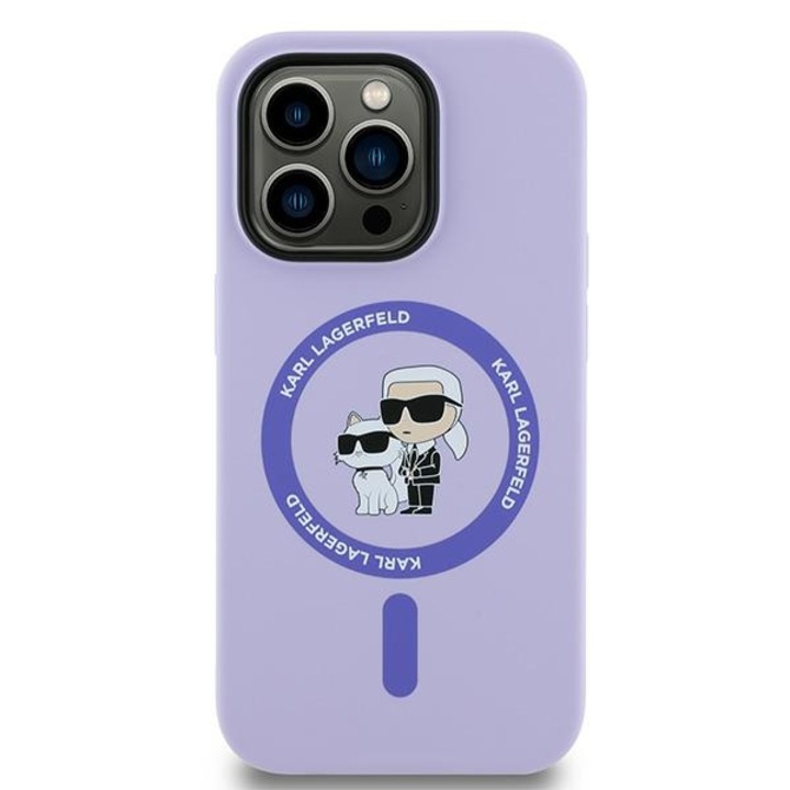 Tok iPhone 15 kompatibilis Karl Lagerfeld szilikon Karl & Choupette fejek lila gyűrűjéhez