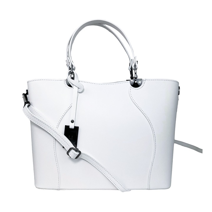 Moranti Shopper táska, természetes bőr, fehér, 4 zsebbel, nagy méretű