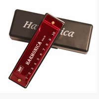 Muzicuta metalica cu 10 orificii, 20 de lamele, diatonica, acordaj C major, Blues, Folk, Pop, Country, Jazz, ROSU, 10.5 x 3 x 2 cm