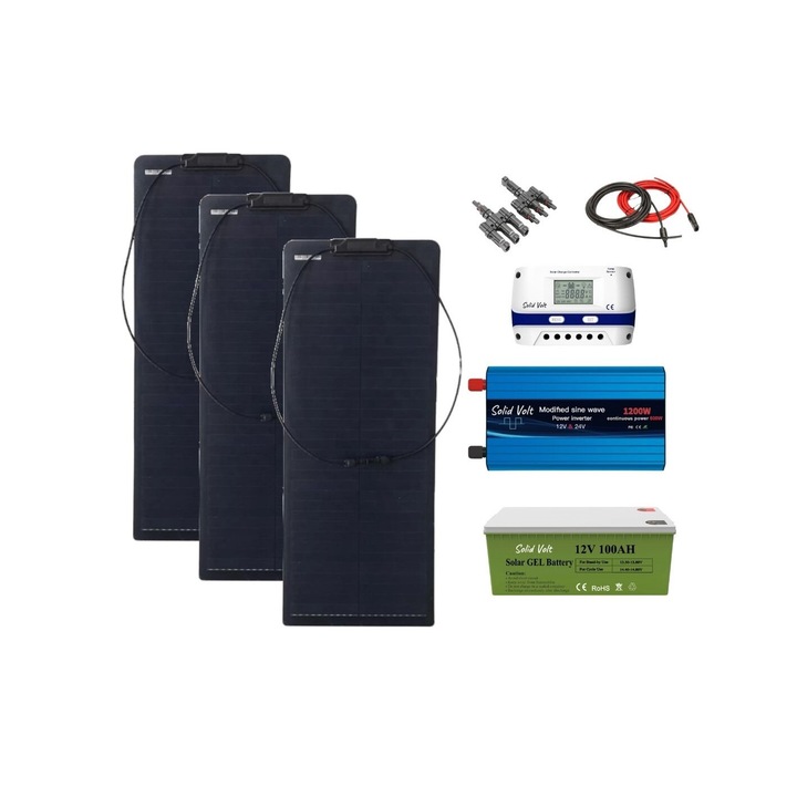 Kit solar fotovoltaic off grid 480W, Solid Volt, invertor 600W/1000W 12V/24V, 3 panouri solare semiflexibile 160W, regulator/ controller 60A, baterie cu gel 100Ah si 20 m cablu solar cabana, rulota, casa, autorulota, container, iluminat