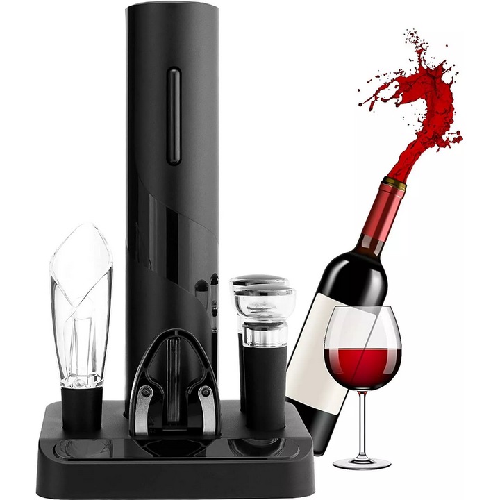 Set tirbuson electric pentru vin 6-in-1, cu cutter folie, aerator, 2x dop vacuum si suport de depozitare, automat, deschidere usoara, design elegant si compact, negru