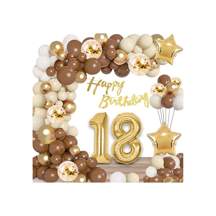 Születésnapi léggömbök és dekorációk szett, 18 éves, 90 db, arany/barna