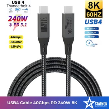 Cablu de date USB4 50 cm Staryon, USB-C la USB-C (tip C-C), transfer date 40Gbps, incarcare rapida 240W, suport video 8K@60Hz si 4K@144Hz, compatibil Thunderbolt 3/4, PD Power 48V/5A, fast charging, design durabil