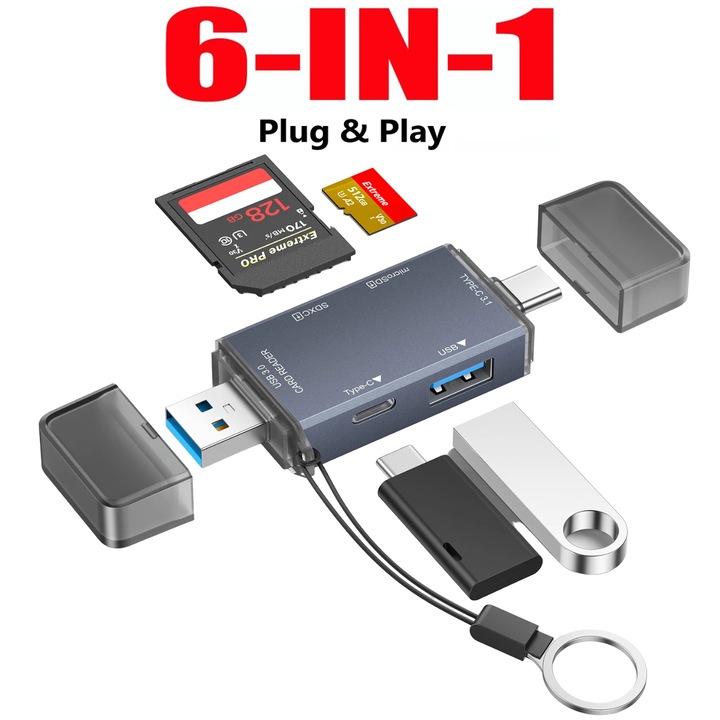 Cititor carduri 6 in 1 de mare viteza, USB-A 3.0 si USB-C 3.1 la sloturi SD/SDHC 3.0, Micro SD/TF 3.0, USB-A 2.0, USB-C 2.0 cu protectie la scurtcircuit, citire simultana a doua carduri, material aluminiu, compatibilitate multipla, culoare gri