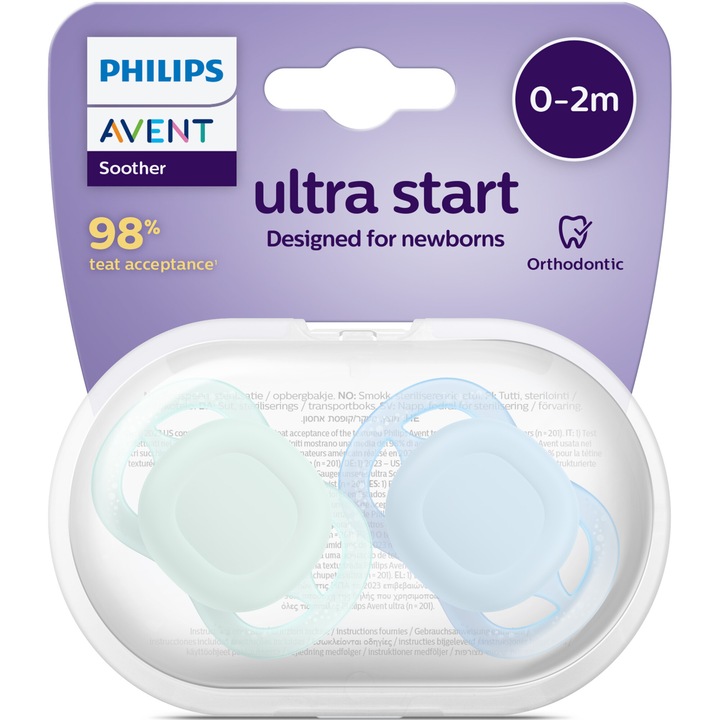Комплект 2 биберона Philips Avent Ultra Start SCF075/02, Ортодонтични, Без BPA, 0-2 месеца, Зелен/Син