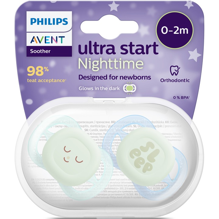 Комплект 2 биберона Philips Avent Ultra Start, Ортодонтични, Без BPA, С фосфоресциращ бутон, 0-2 месеца, Бежов/Лилав, С шарка