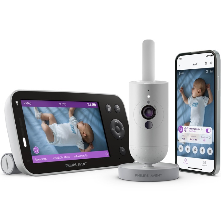 Цифров видео бебефон Philips Avent SCD973/26, Връзка с мобилно приложение, Full HD, Функция за разпознаване на плача, Сензор SenseIQ
