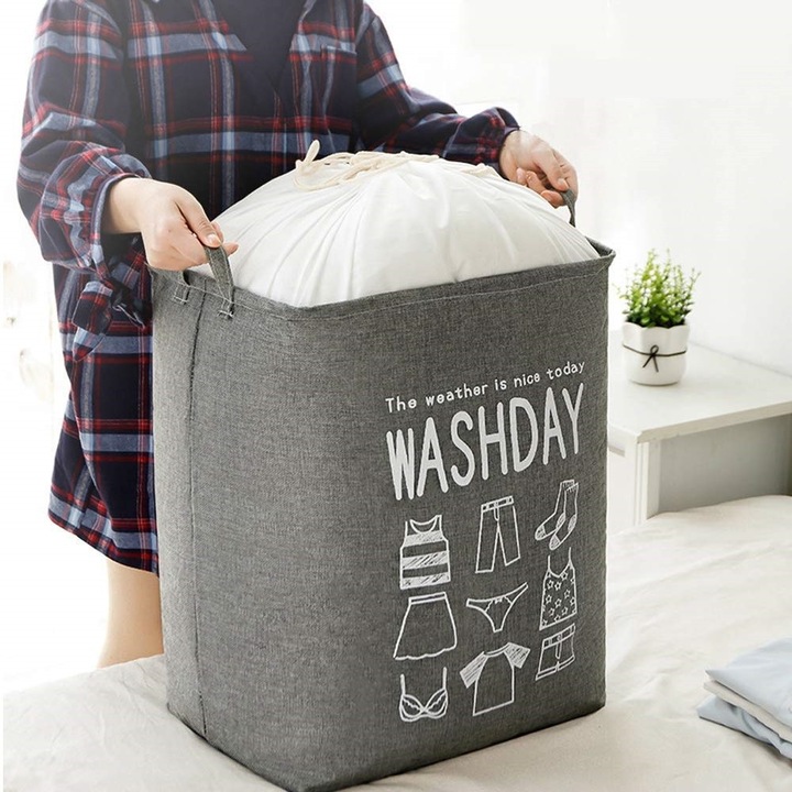 Cos de Rufe Textil, 72 L, 30 x 40 x 60 cm, Gri, cu Imprimeu