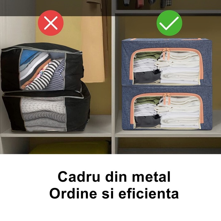 Cutie de Depozitare Pliabila, cu Fermoar, 66 L, Textil, 50x40x33 cm, Albastru Marin, Cadru Metalic, Suport Baza Stabil din Plastic, cu Doua Ferestre, Stef's Cat