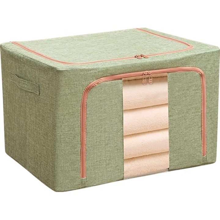 Cutie de depozitare pliabila, Cyrax, Cu fermoar, 100 L, Textil, 60x42x40 cm, Cadru Metalic, Suport Baza Stabil din Plastic, Verde