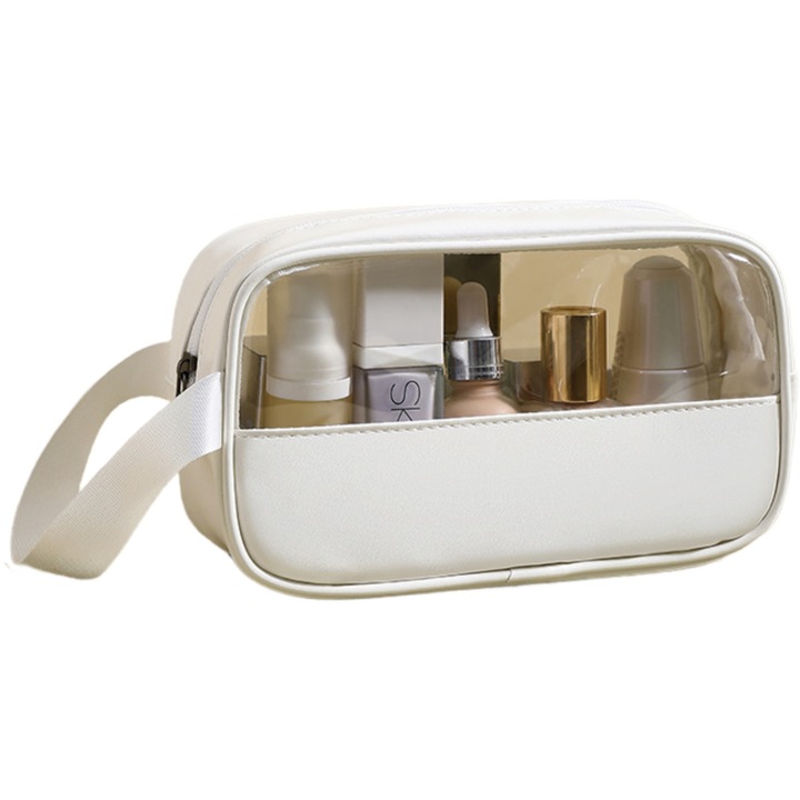 Kozmetikai táska utazáshoz vagy szervezéshez, PVC/textil anyagból, vízálló, hordozható, 22 x 12 x 8 cm, fehér