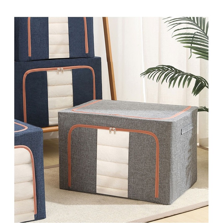 Cutie de Depozitare Pliabila, 24 L, din Bumbac si In, 40x30x20 cm, Fereastra Frontala, 2 Usi de Acces cu Fermoar Bidirectional, Cadru Metalic, Suport Baza Stabil din Plastic, Gri