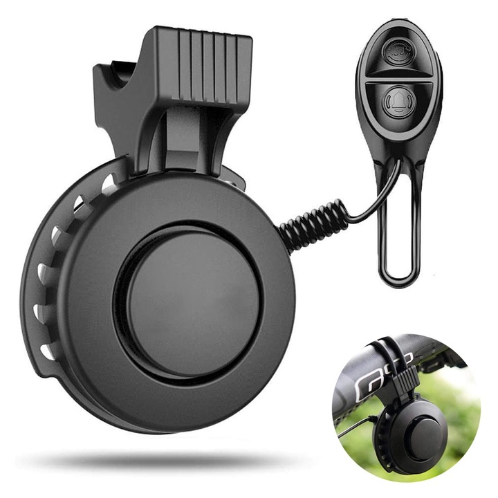 Sonerie bicicleta electrica QttvbTna, 120 DB, 4 moduri sunet, rezistenta la apa IP65, negru, 6.6x4.9cm