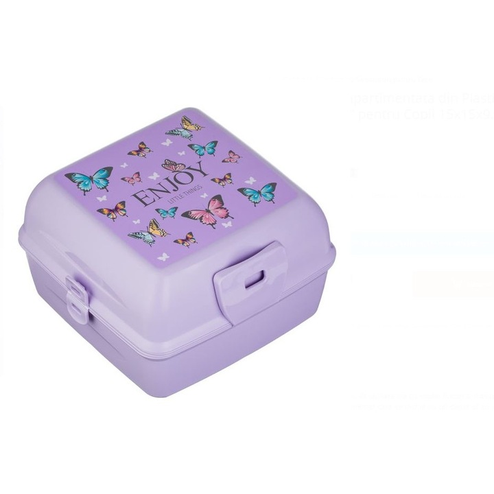 Caserola Patrata Compartimentata din Plastic Lila Fluturi „Enjoy” pentru Fete - 1.3L cu Lingurita si Furculita