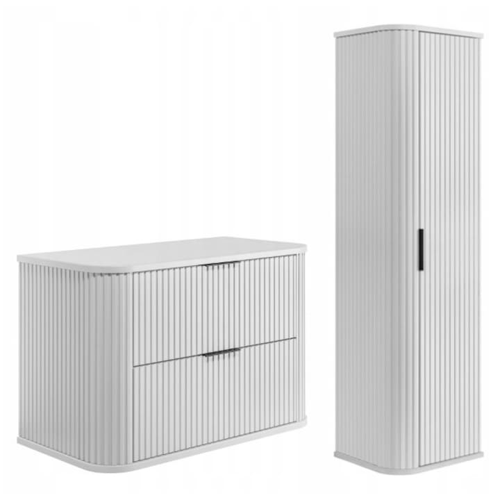 Set mobilier baie, Rodan, Elegance, Dulap Baie - 41.5x80.4x51.7cm, Dulap Baie Tip Coloana - 31.5x35.5x139cm, Suspendat, Material Placa MDF, Margini ABS, 2 Sertare Soft Close, 3 Rafturi, Alb