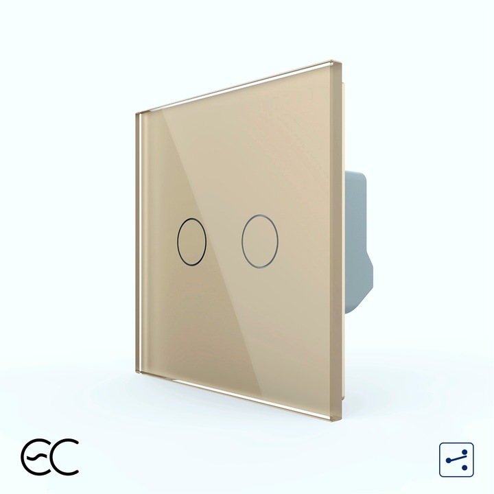 Intrerupator Dublu Cap Scara / Cruce cu Touch LIVOLO din Sticla – Protocol ZigBee EC, Auriu