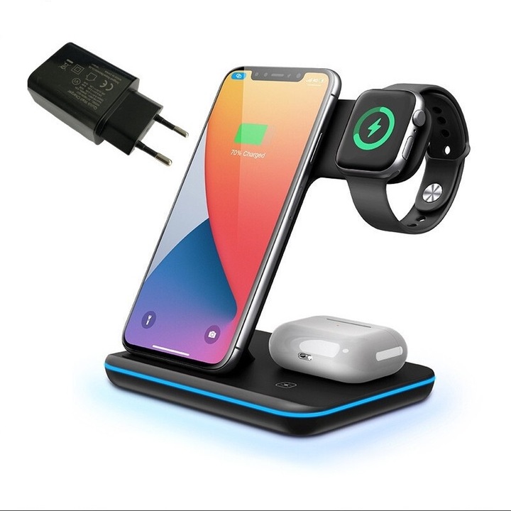 Incarcator wireless 3 in 1 Statie de Incarcare Rapida 15W pentru iPhone 15/14/13 /Plus/Pro/Pro Max/12/11/X/Xr/XS/8 Apple Watch 9/8/Ultra 2/Ultra/SE/7/6/5/4/3/2 AirPods 3/2/Pro/Pro2 Android Samsung Motorola Xiaomi Huawei Oppo Adaptor QC 20W Inclus Negru