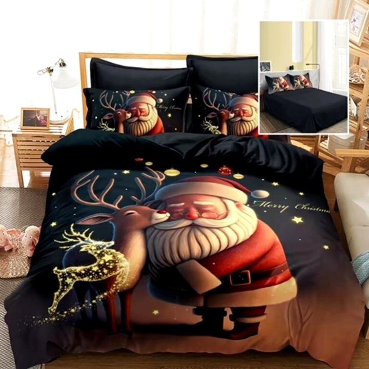 Lenjerie de pat de Craciun, finet, 6 piese, cearceaf pat 220x240cm, cearceaf pilota 200x230cm, 2 fete de perna 50x70 si 2 fete de perna 70x70cm, pentru 2 persoane, Pucioasa, LC117