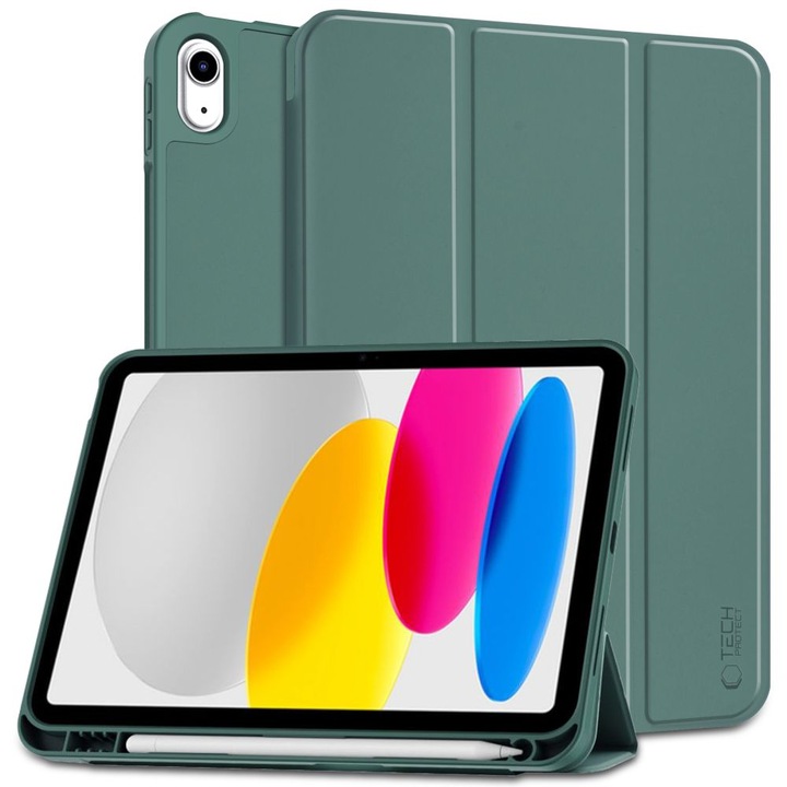 Husa tableta Tech-Protect SmartCase Pen, verde, pentru iPad 10.9" (2022) si 11" (2025), cu suport pentru Apple Pen