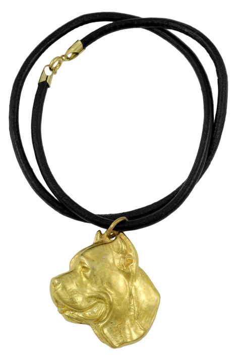 Colier pentru femei Art-Dog, Cane Corso, pandantiv placat cu aur, laniere naturala, 50cm