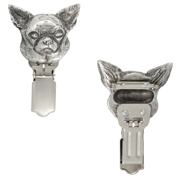Brosa versilberata cu clip, suport pentru numar de start, Art-Dog, design caine, bijuterie eleganta