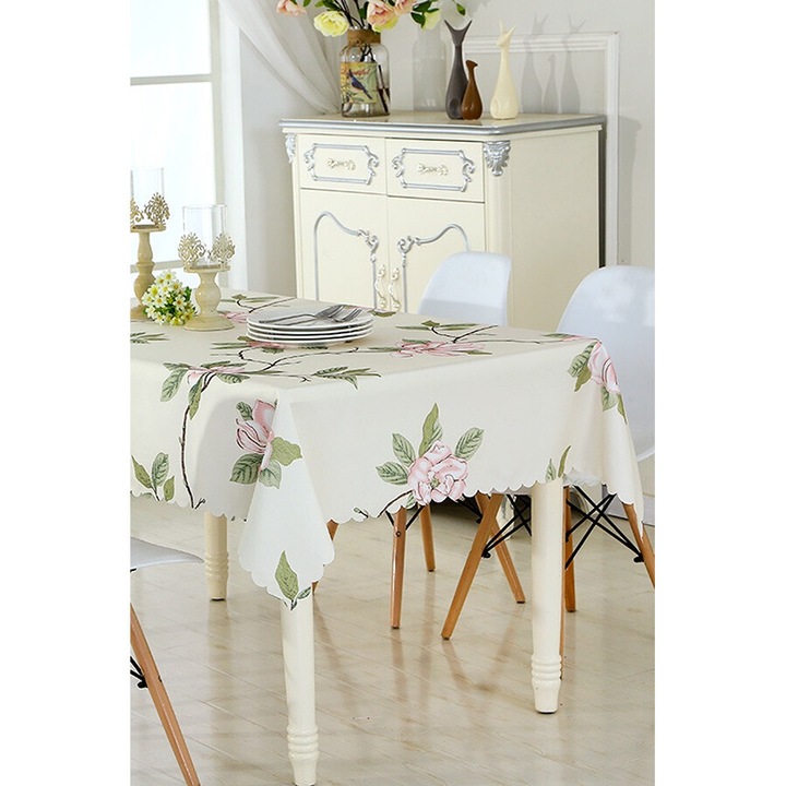 Fata de masa impermeabila si rezistenta la pete, din material textil solid si opac, cu imprimeu floral cu bujori si aspect elegant, romantic, bej, 150 x 150