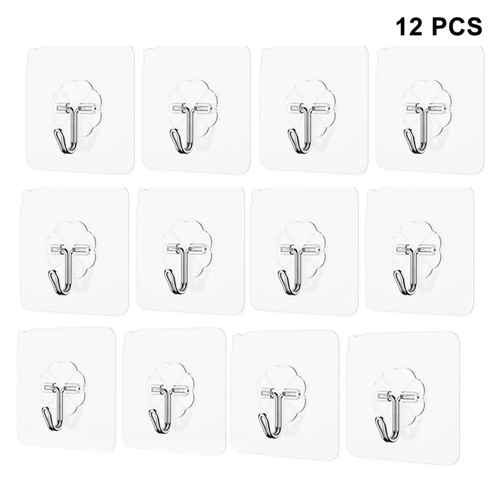 Set 12 Carlige adezive, Plastic / Metal, Rezistente, Transparent