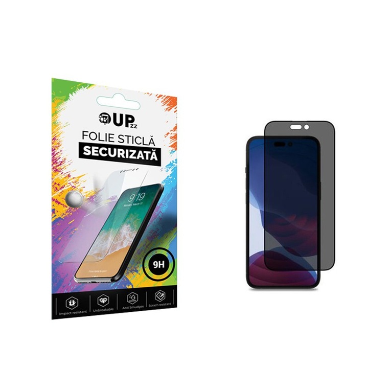 Folie Sticla Securizata Upzz Privacy Compatibila Cu iPhone 16, Adeziv Pe Toata Suprafata, Antispy Privacy