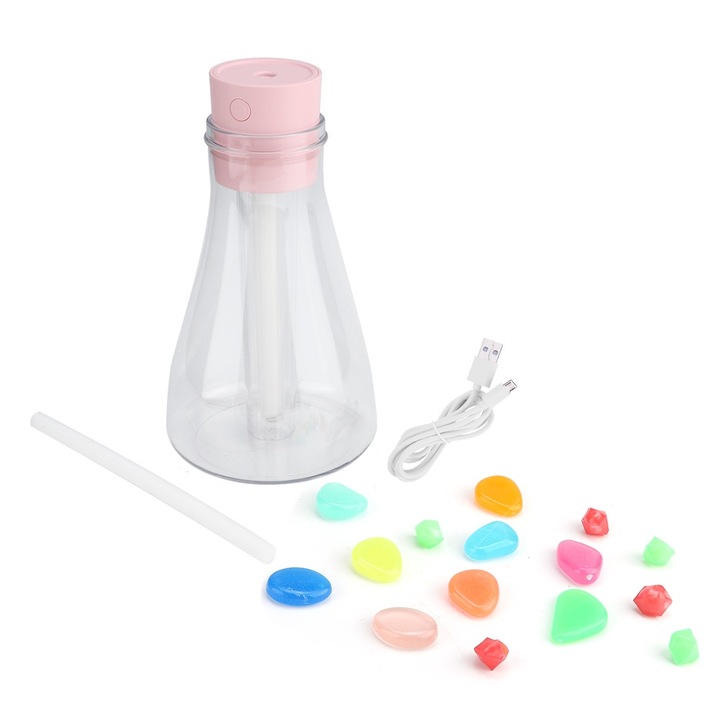 Hordozható párásító, 500 ml, LED világítás, csendes kivitel, USB töltés, rózsaszín