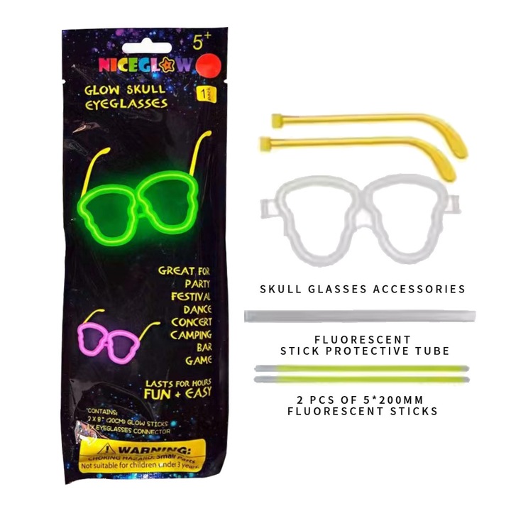 Set Ochelari Craniu Fluorescenti cu Baton Fluorescent, Culori Multiple (Rosu/Verde/Albastru/Galben/Portocaliu/Roz), Accesorii Petrecere pentru Copii +3 Ani, Ideal pentru Petreceri si Activitati Noapte